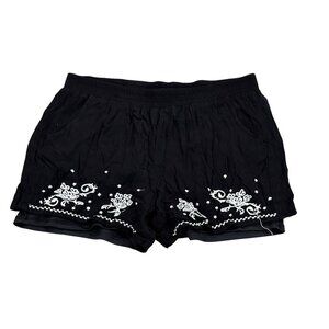 Black Womens Embroidered Shorts With Elastic Waist & Floral Design